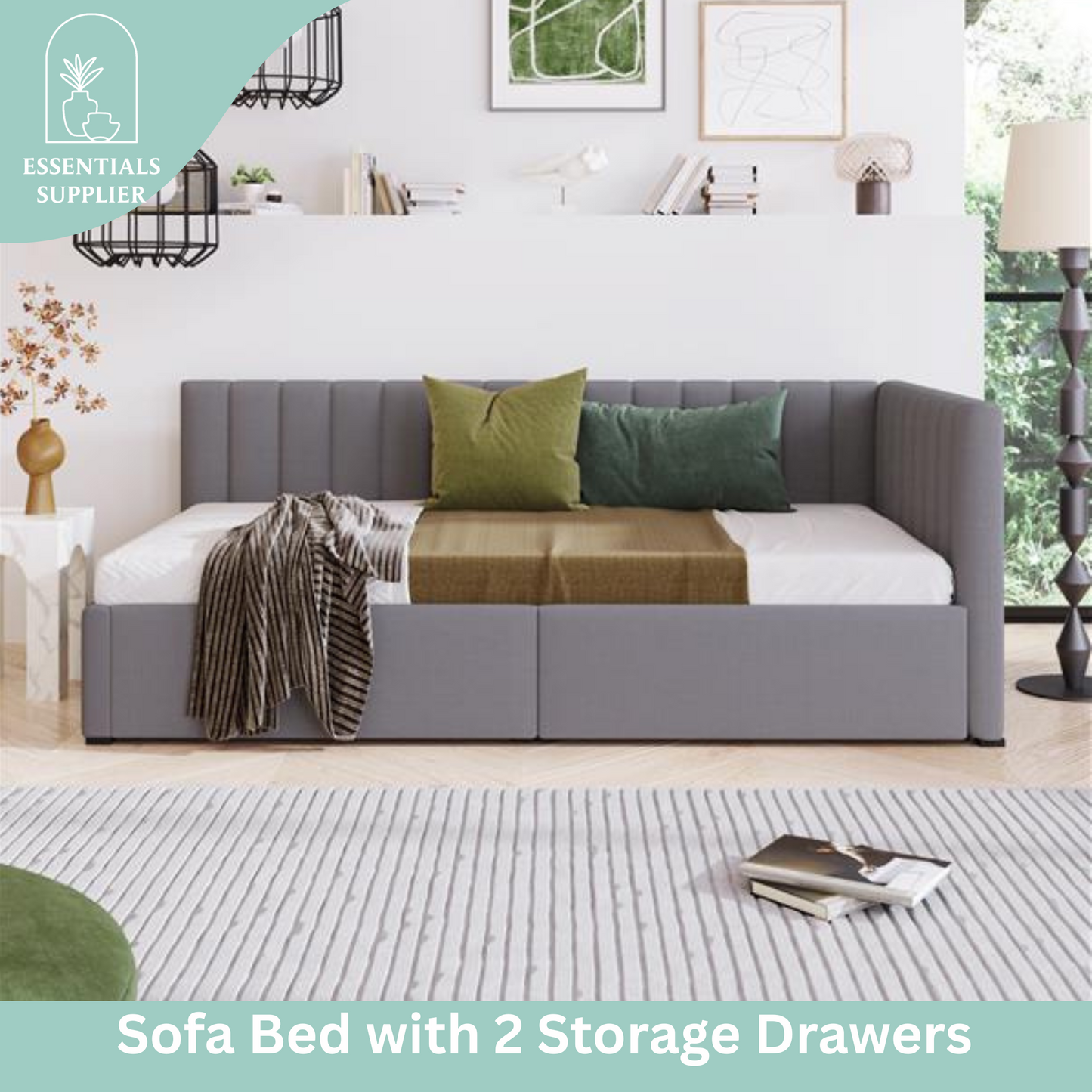 Gray Twin Upholstered Daybed with 2 Storage Drawers – Linen Sofa Bed Frame