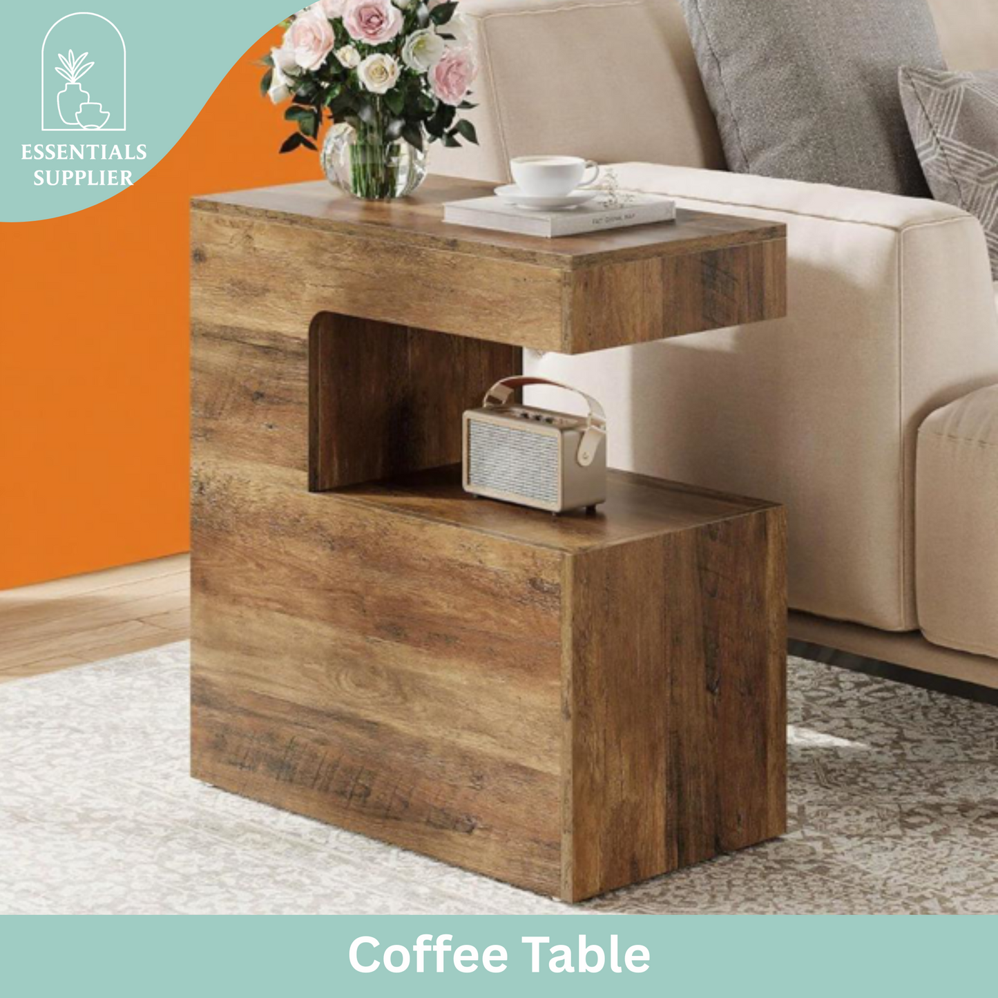 C-Shaped End Table with Shelf – Rustic Side Coffee Table for Couch, Bed & Living Room