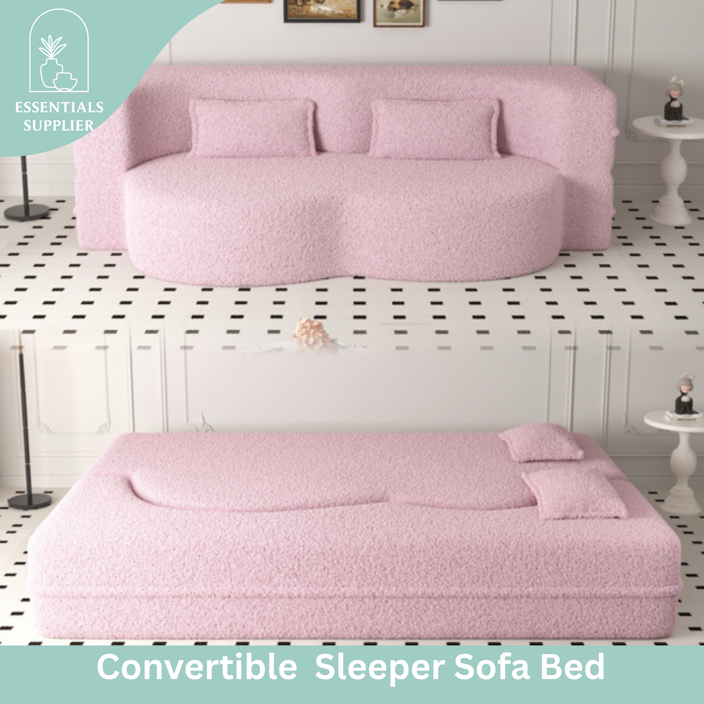 Modern Pink Teddy Fabric Floor Sofa Bed with 2 Pillows – Convertible & Space-Saving