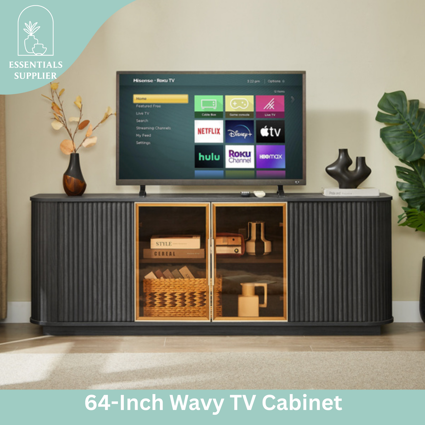 64" Wavy Black TV Cabinet with LED, Glass Doors & Storage for Living Room