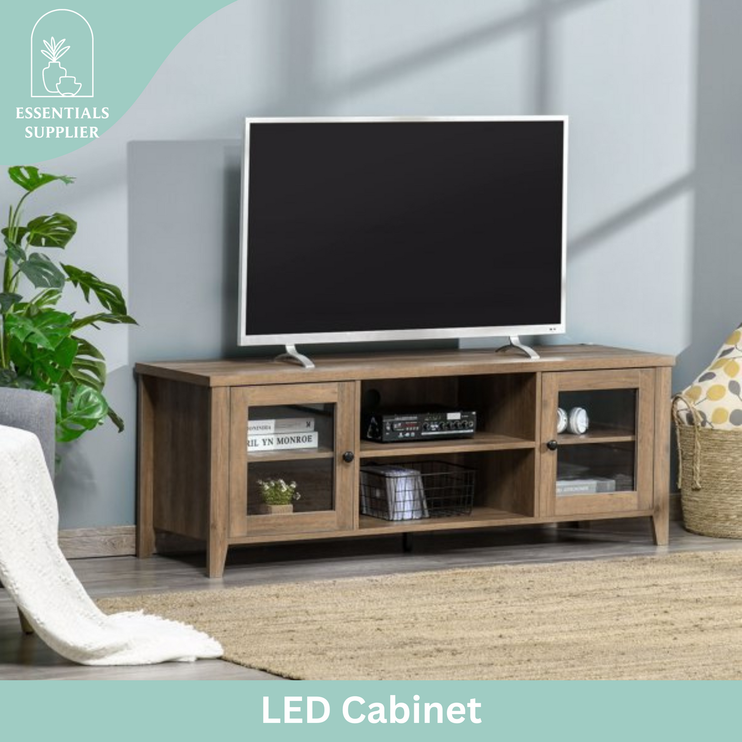 55" Brown LED TV Stand with Adjustable Shelves & Cable Management – Modern Cabinet