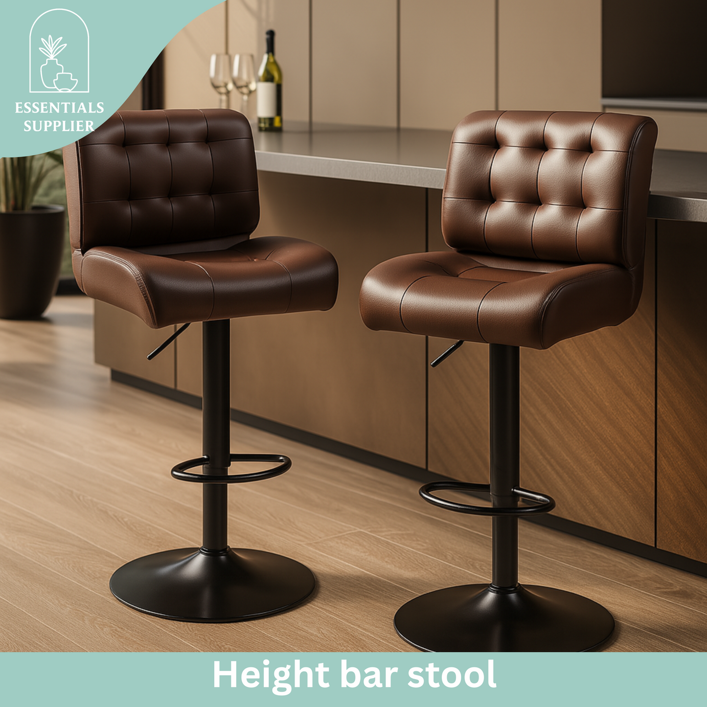Set of 2 Adjustable Brown Bar Stools with Swivel Seats & Tufted Backrest