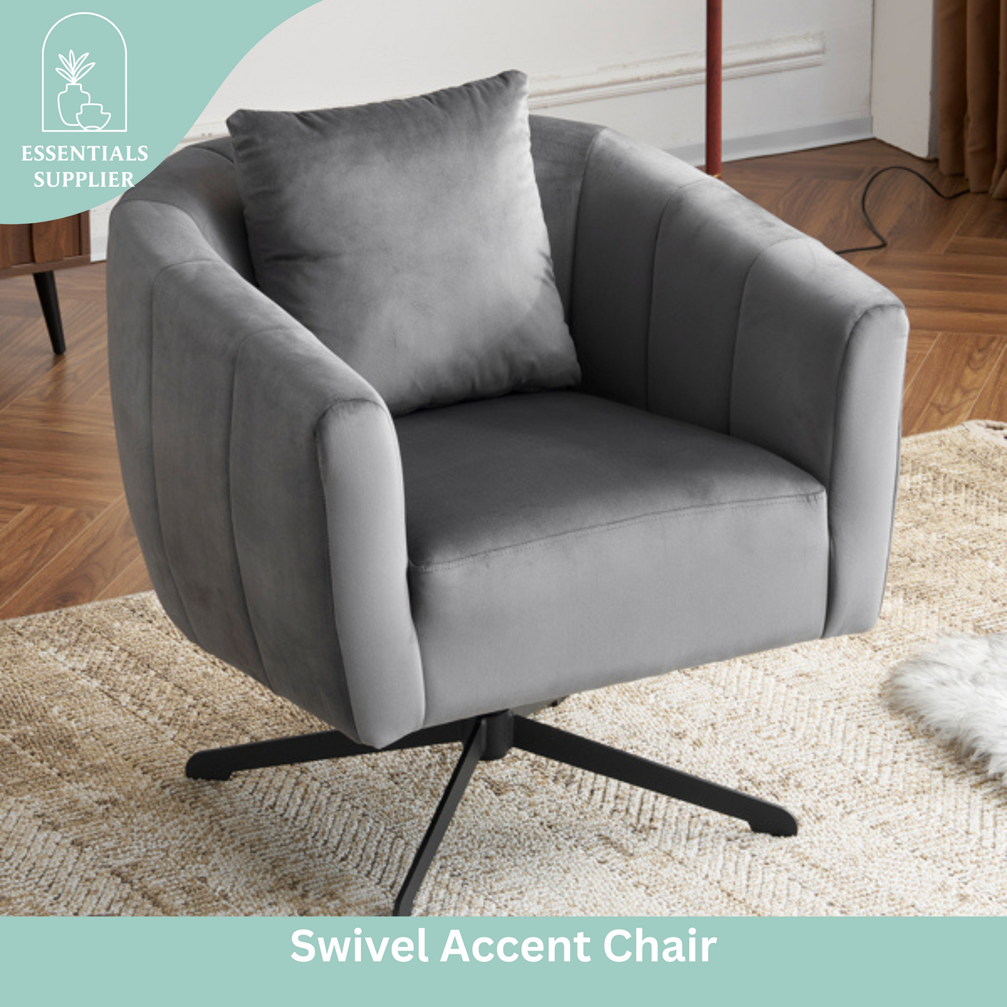 360° Swivel Velvet Accent Chair with Fluffy Cushion – Gray