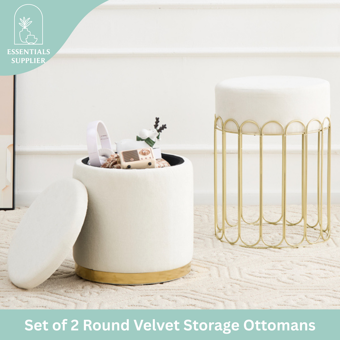 Set of 2 Round Velvet Storage Ottomans with Removable Lids – White