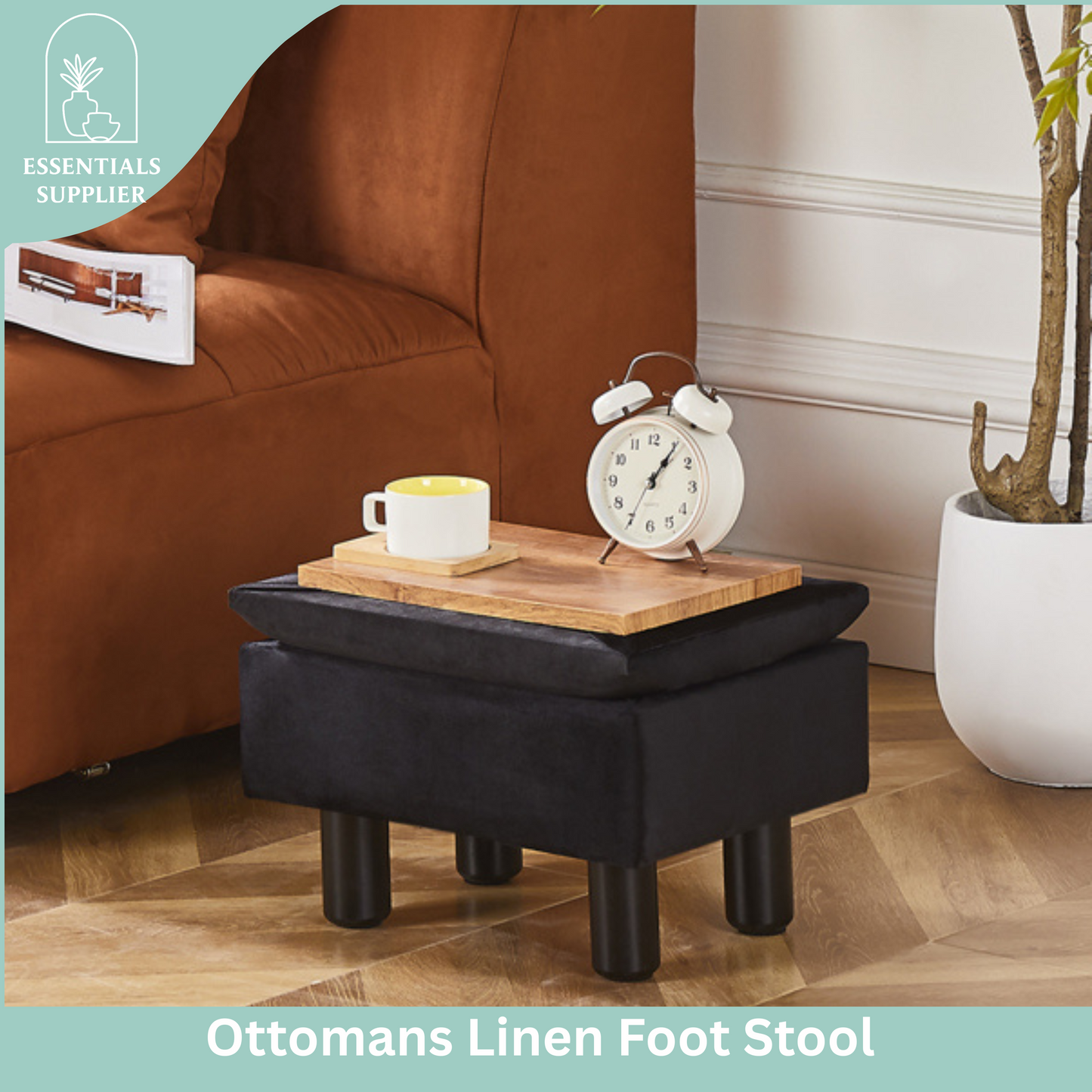 Linen Storage Ottoman Foot Stool – Black Step Seat with Solid Wood Legs