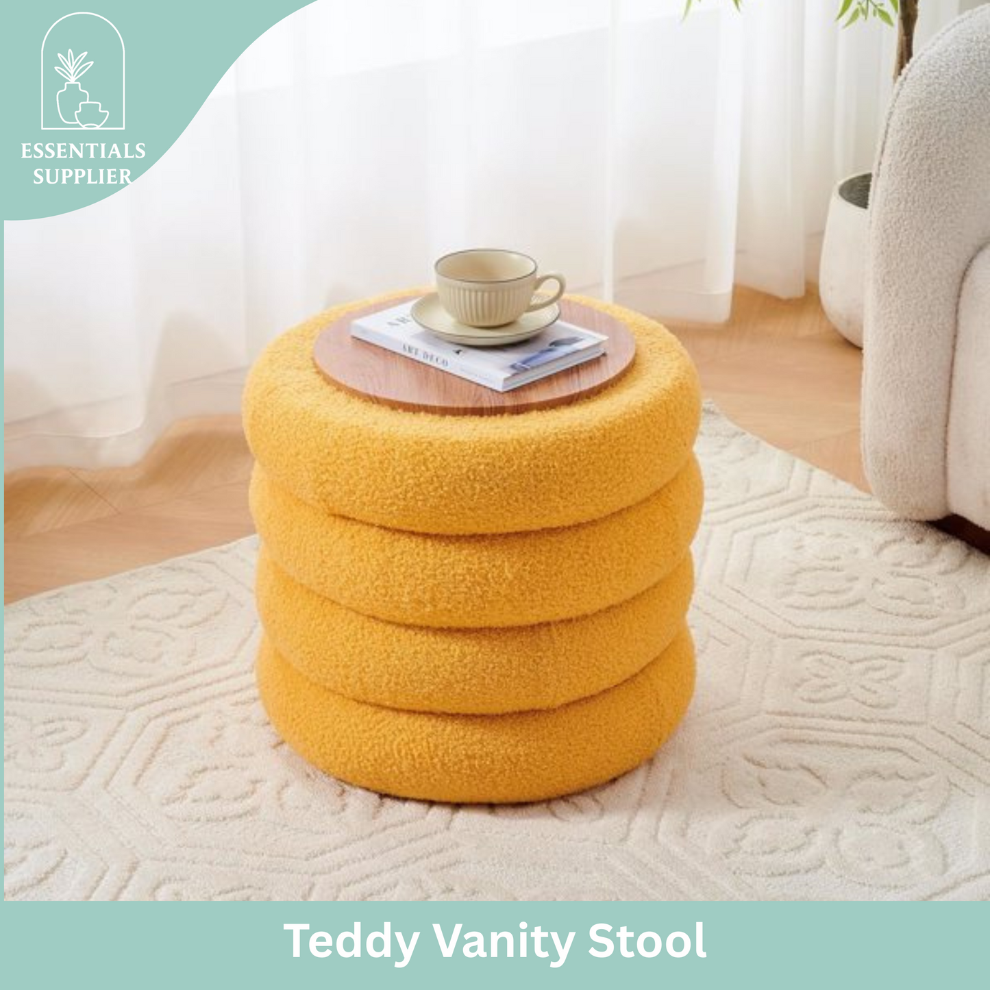 Round Shape Storage Ottoman Stool with Flip Tray, Vanity & Footrest Chair, Yellow