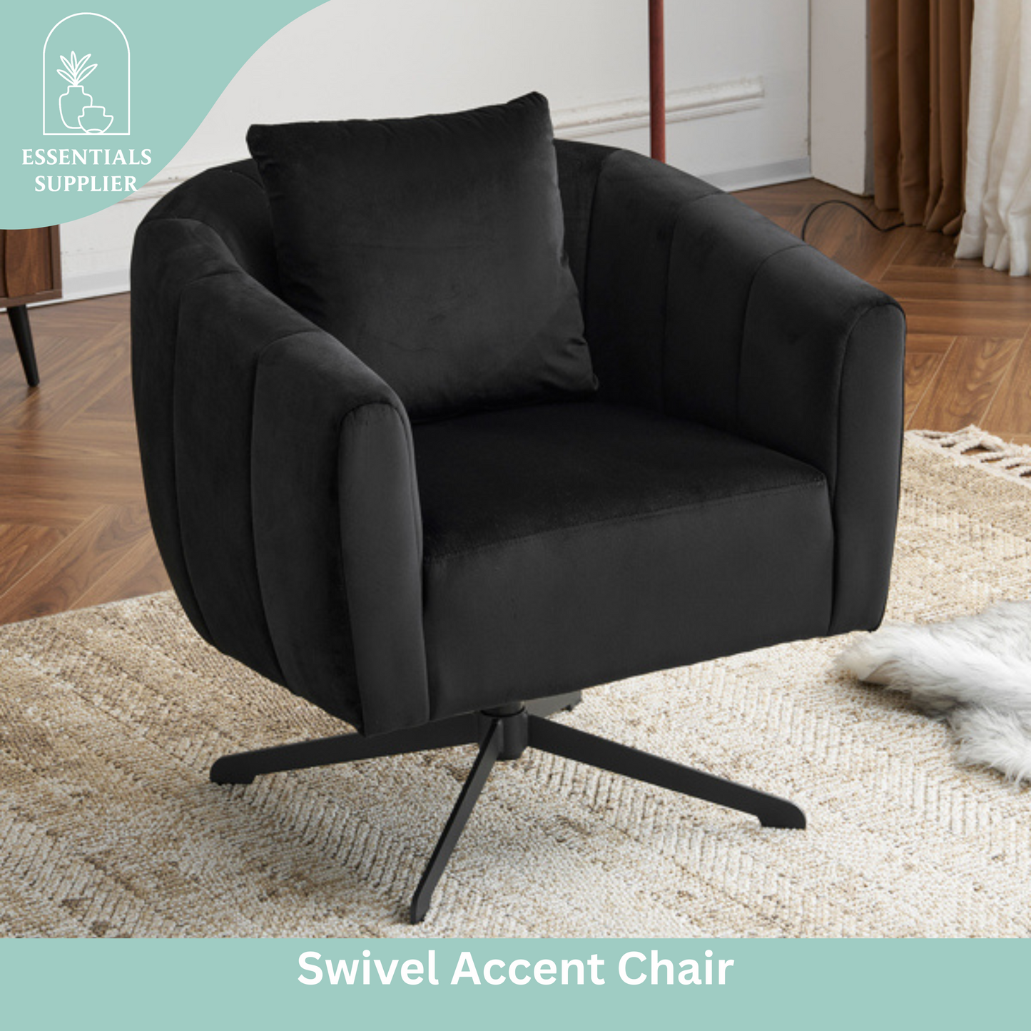 360° Swivel Velvet Accent Chair with Fluffy Cushion – Black