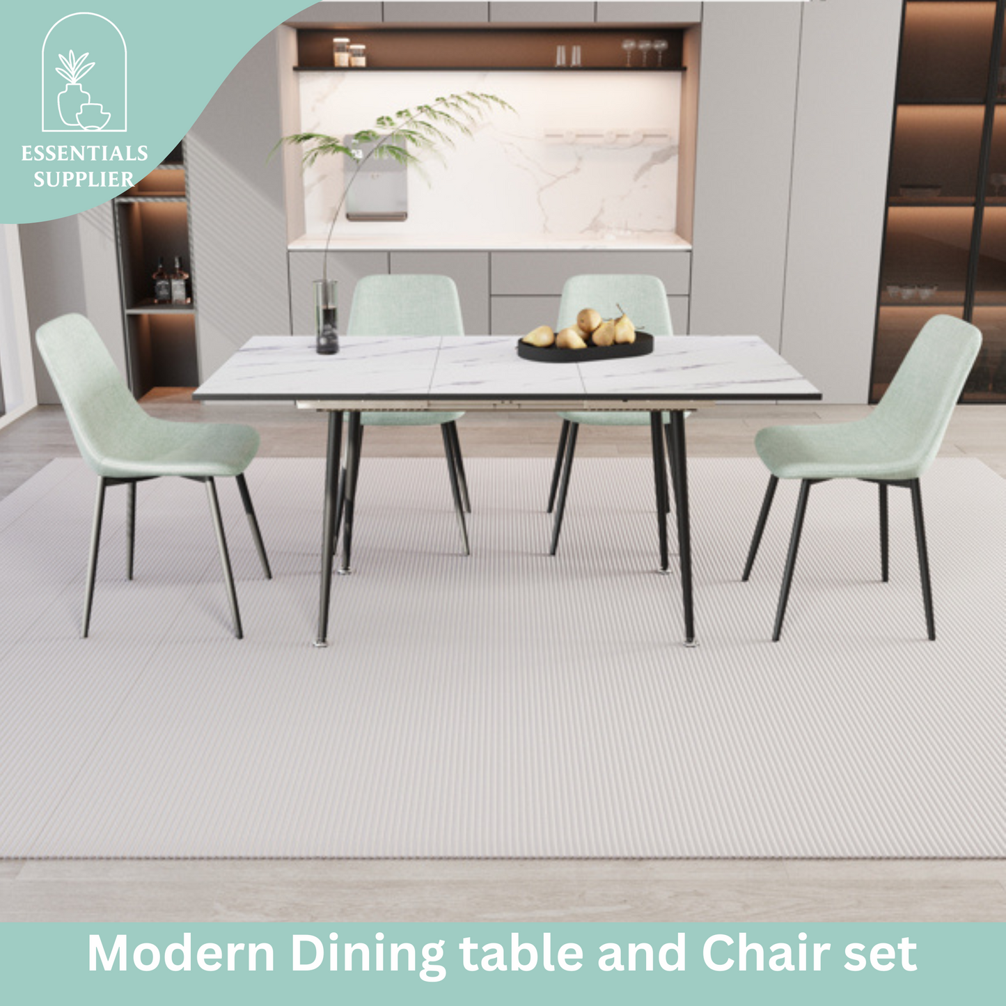 Extendable White Dining Table Set with 4 Green Chairs – Seats 2–6