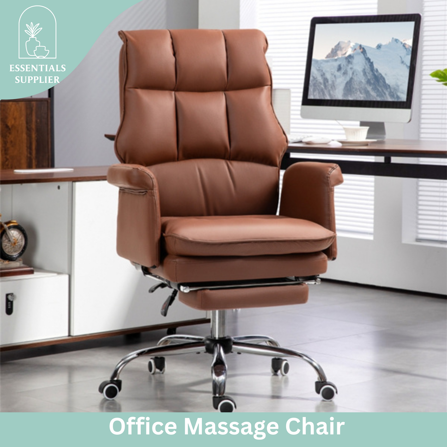 Brown Massage Office Chair with Reclining Back, Footrest & PU Leather Finish