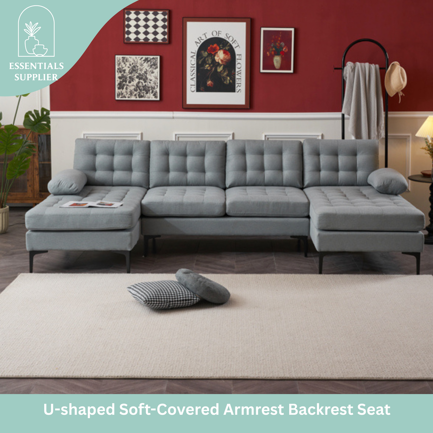 U-Shaped Sectional Sofa – Soft Armrest & Backrest, Wooden & Iron Frame with Gold Legs, Beige Upholstery