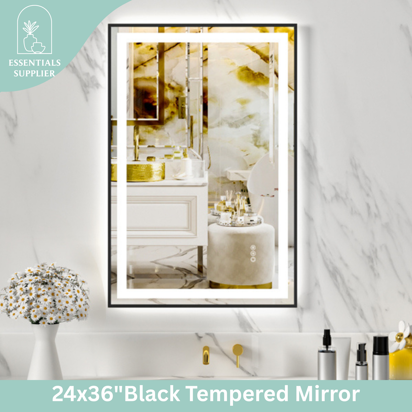 24x36" Black Framed LED Mirror with Dual Front & Back Light Strips