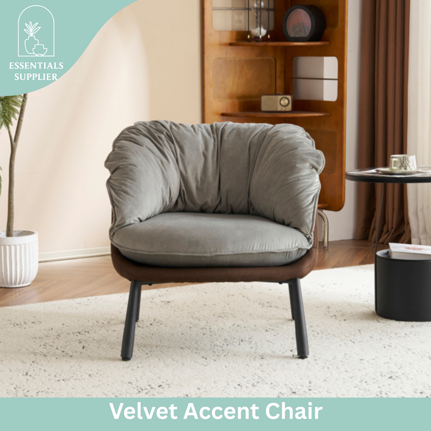 Modern Velvet Barrel Accent Chair with Metal Legs – Gray Armchair