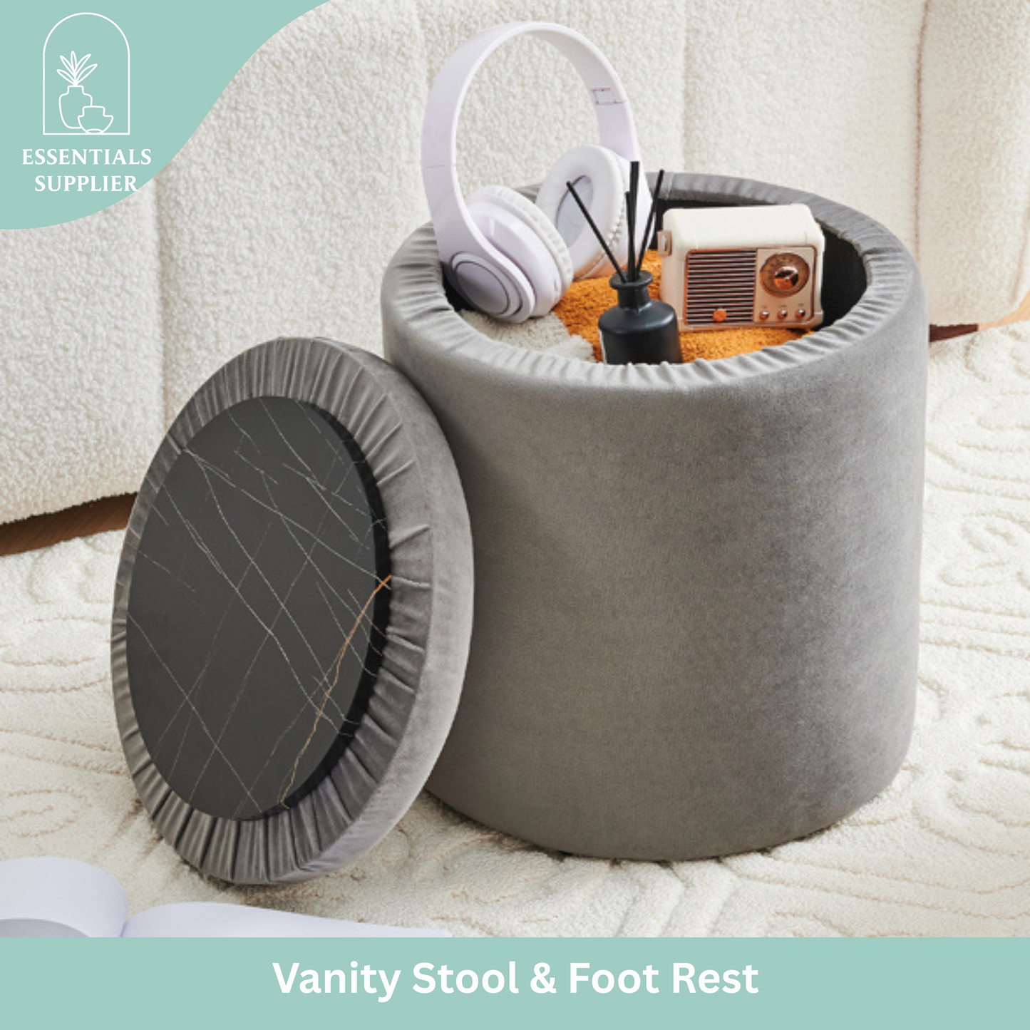 Velvet Grey Round Storage Ottoman with Removable Lid