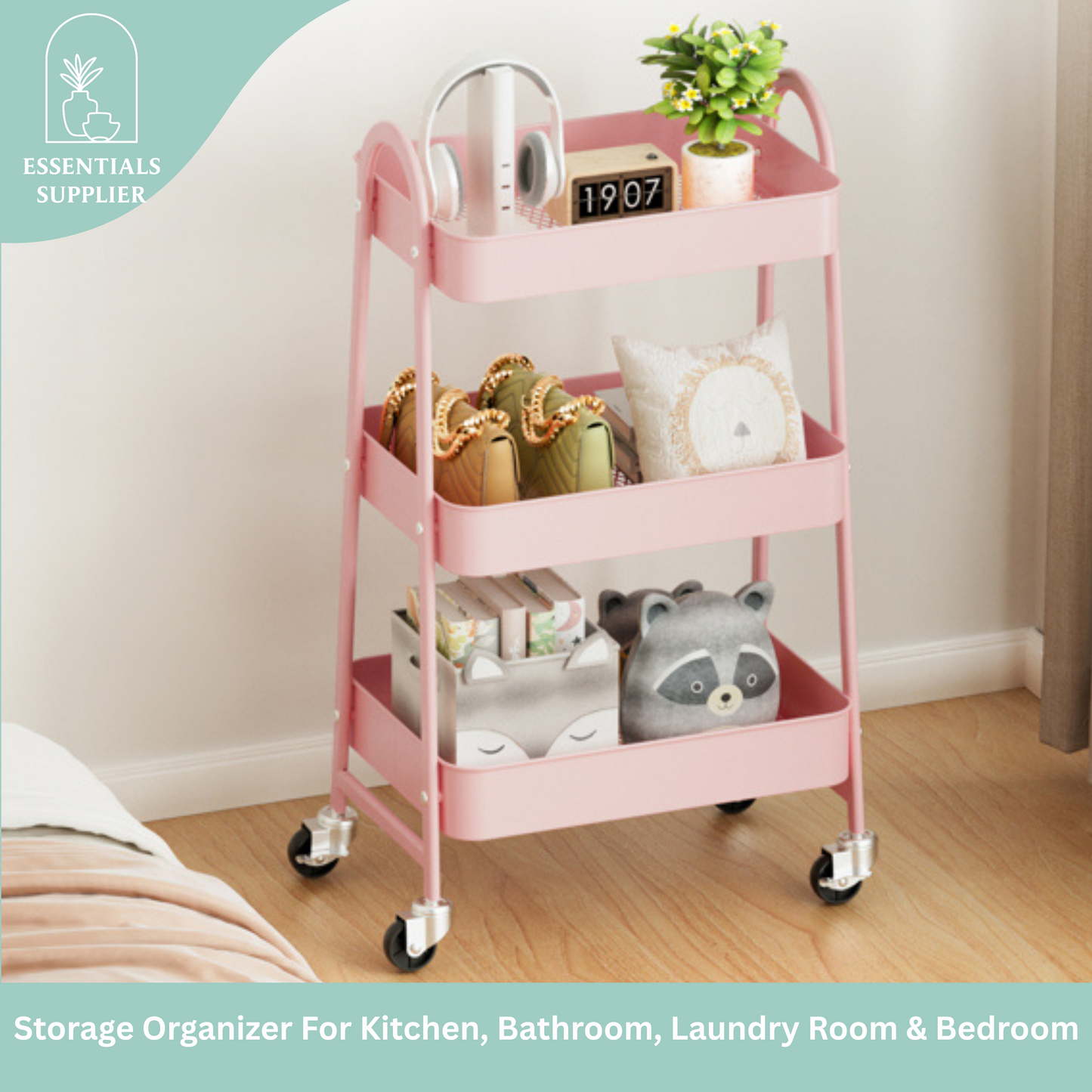 3-Tier Rolling Metal Utility Cart – Storage Organizer for Home & Office