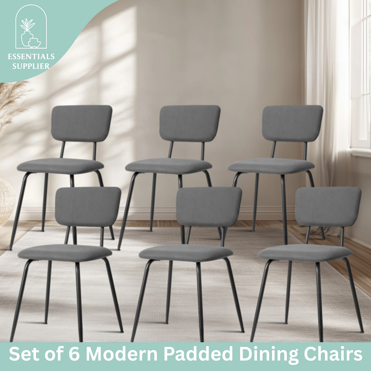 Set of 6 Modern Grey Padded Dining Chairs for Kitchen, Bar & Office Use