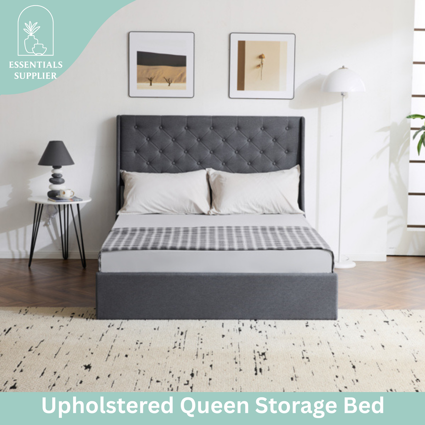 Queen Upholstered Storage Bed Frame with 4 Drawers & Wingback Tufted Headboard