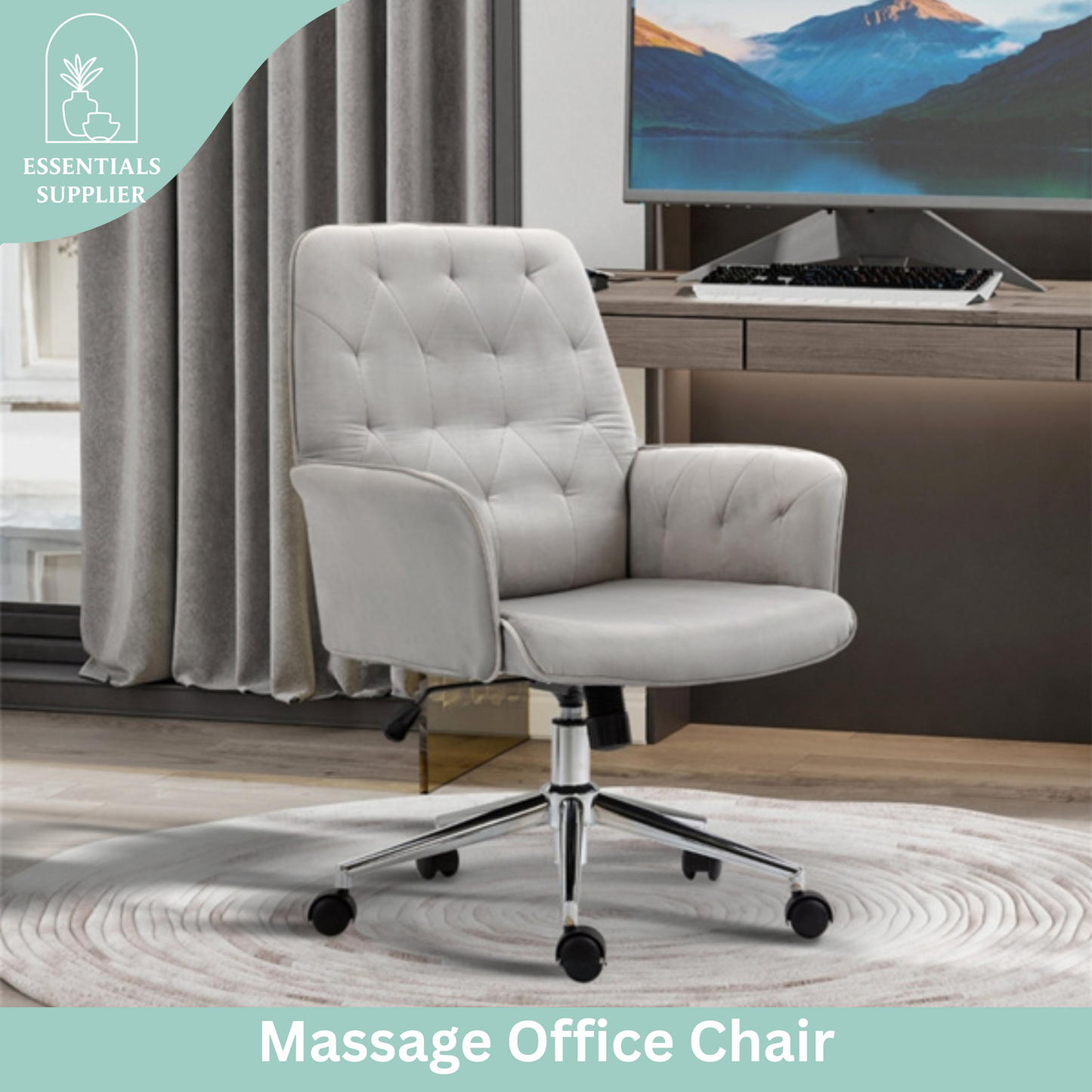 Grey Velvet Office Chair – Adjustable Height with Rocking Back & Armrests