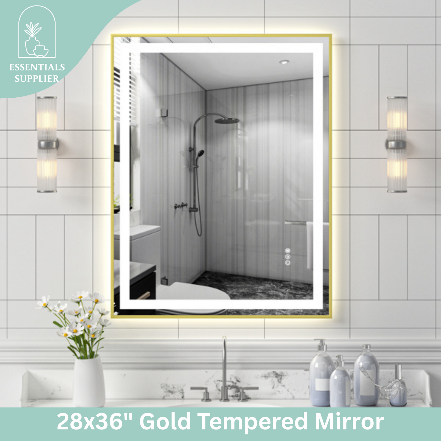 28x36" Gold Framed LED Mirror with Dual Front & Back Light Strips