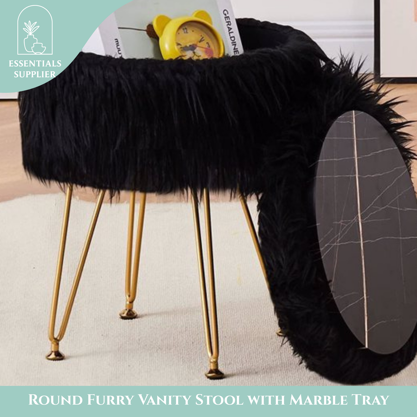 Faux Fur Ottoman Stool with Marble Tray, Footrest & Storage, Black Vanity Seat