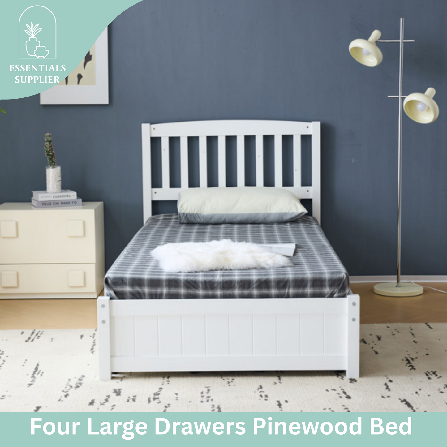 Twin Pine Wood Platform Bed with 4 Storage Drawers & Curved Headboard – White