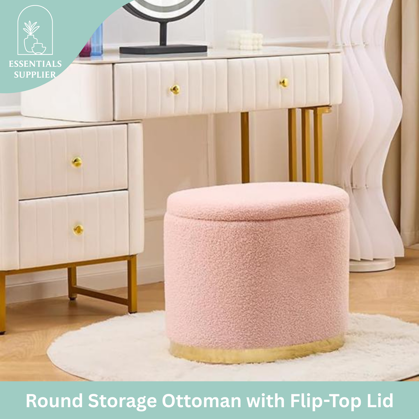 Round Storage Ottoman with Flip-Top Lid – Pink Upholstered Stool