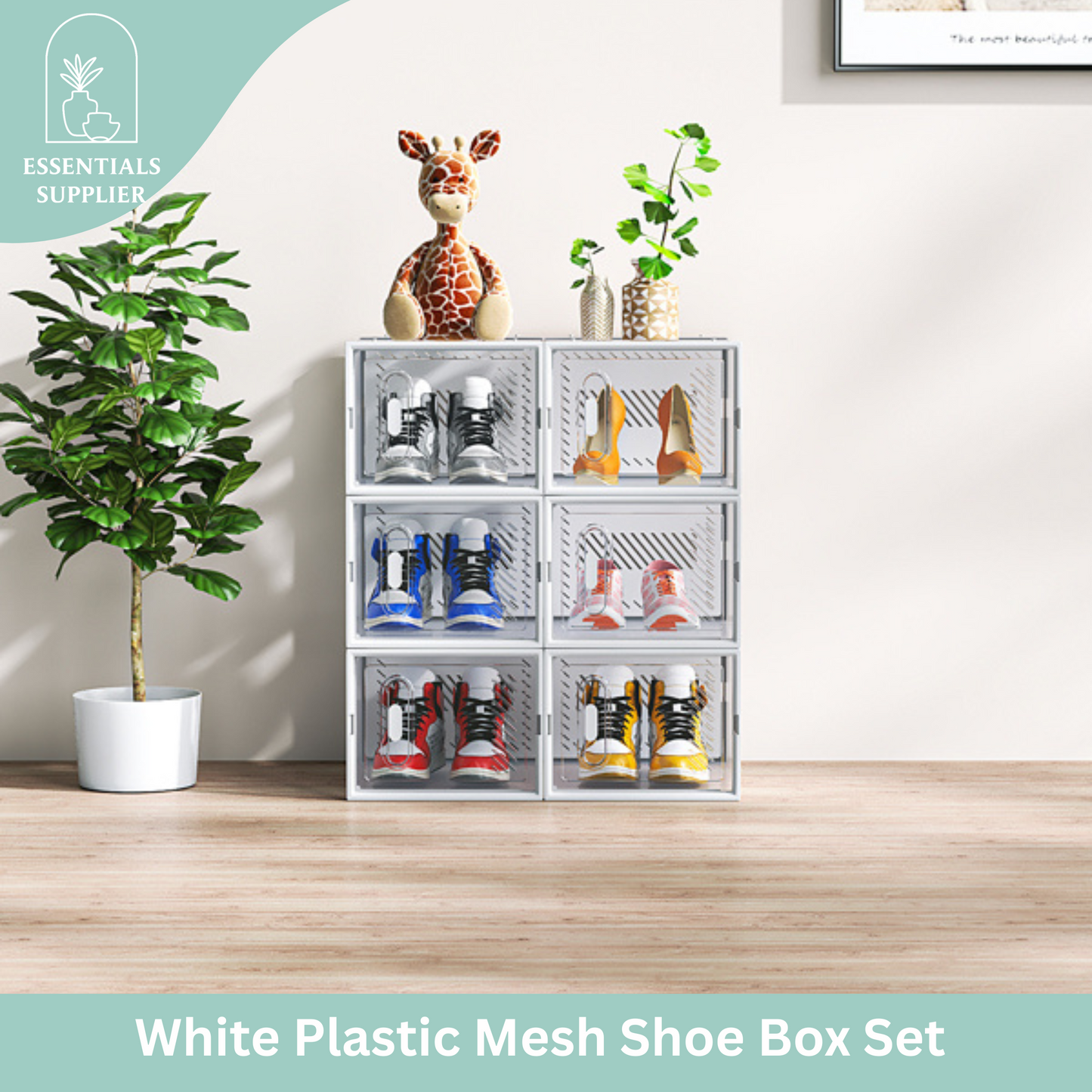 My Store 6-Pack White Plastic Mesh Shoe Boxes – 35x25x19cm Modular Storage Set