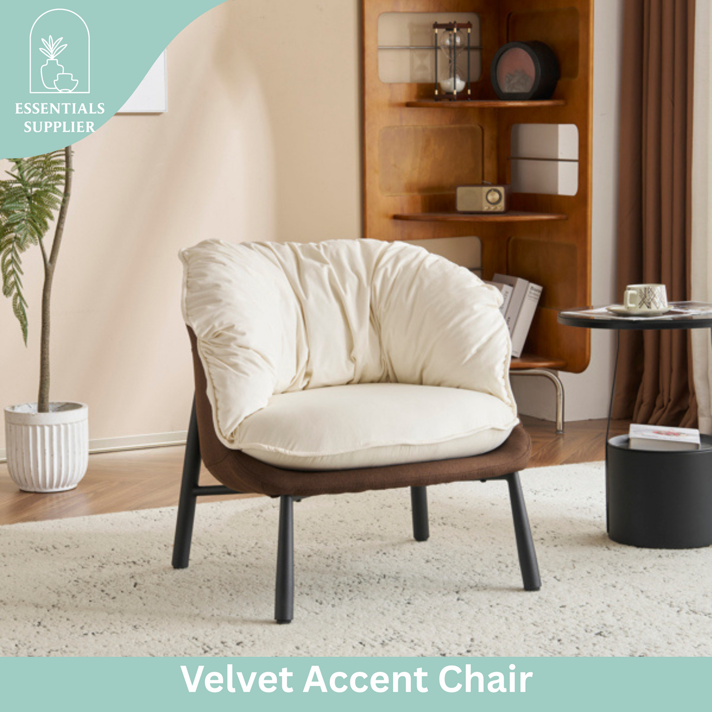 Modern Velvet Barrel Accent Chair with Metal Legs – Off-White Armchair