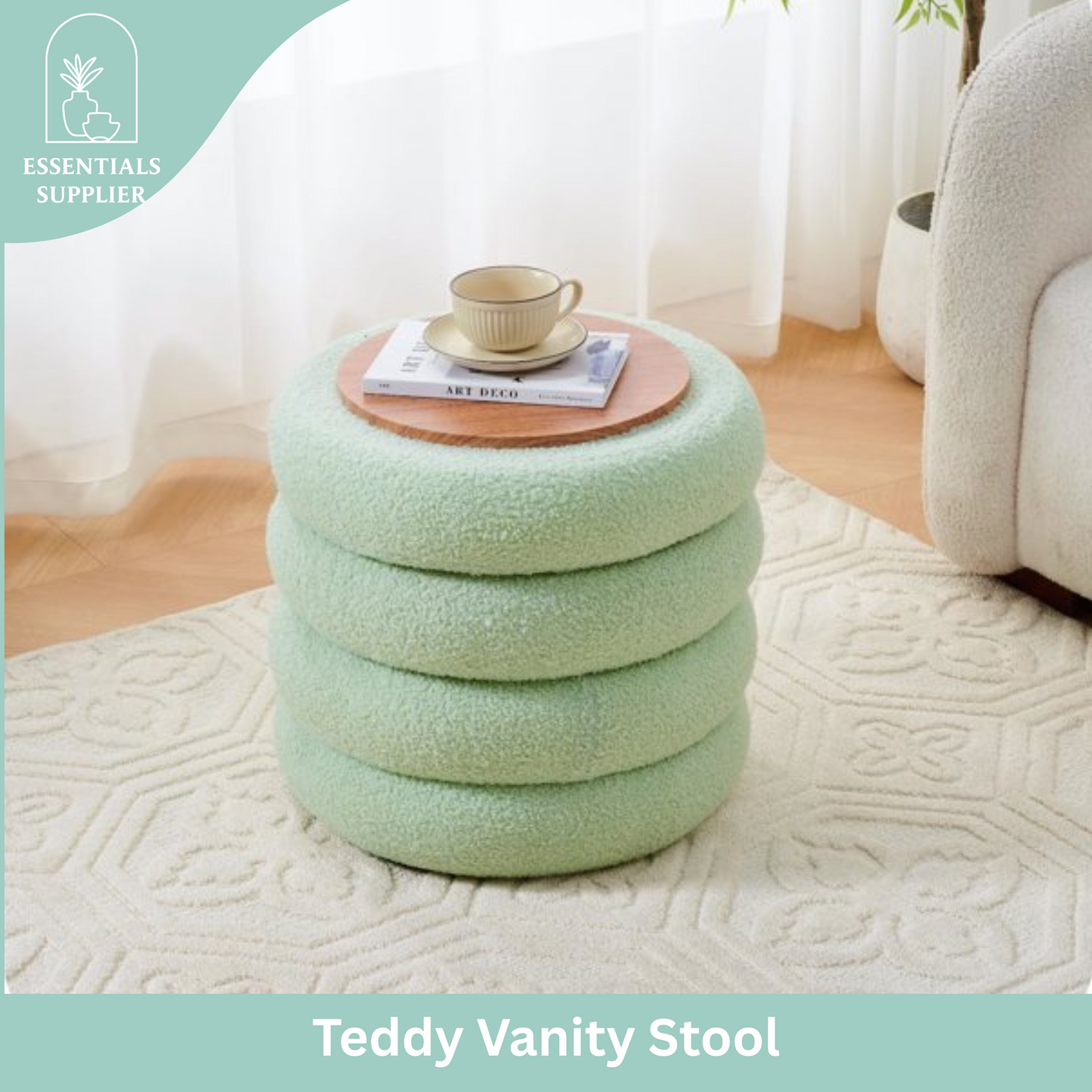 Round Shape Storage Ottoman Stool with Flip Tray, Vanity & Footrest Chair, Green