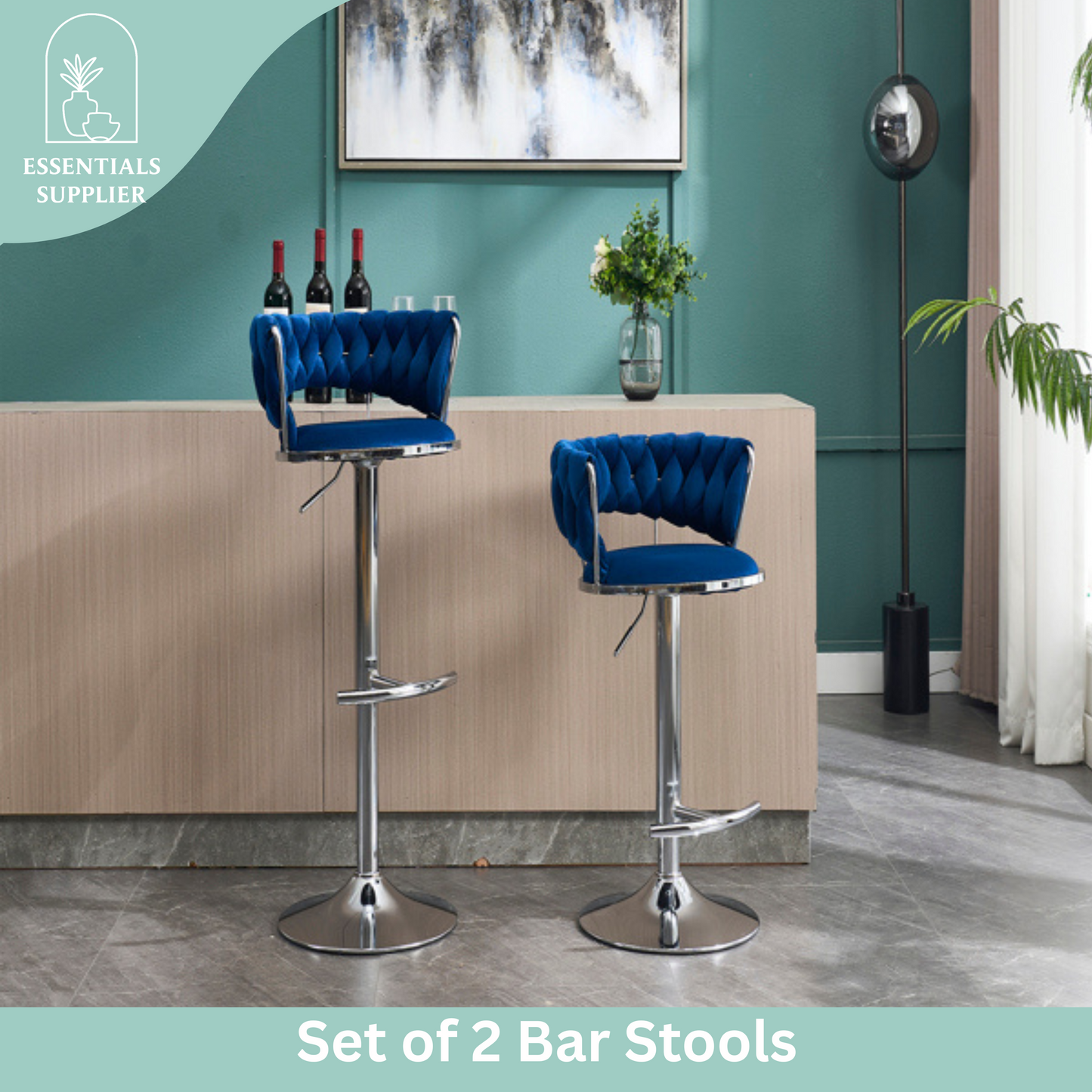 Set of 2 Blue Velvet Bar Stools with Chrome Base & Swivel Adjustable Height