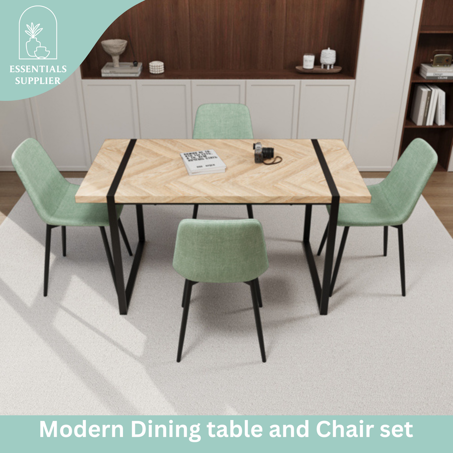 59" Light Wood Dining Table Set w/ 4 Suede Chairs – Modern & Cozy Style