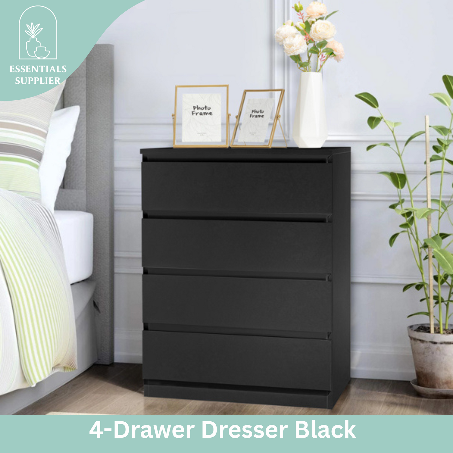 Black Wood 4-Drawer Dresser – Modern Storage Cabinet