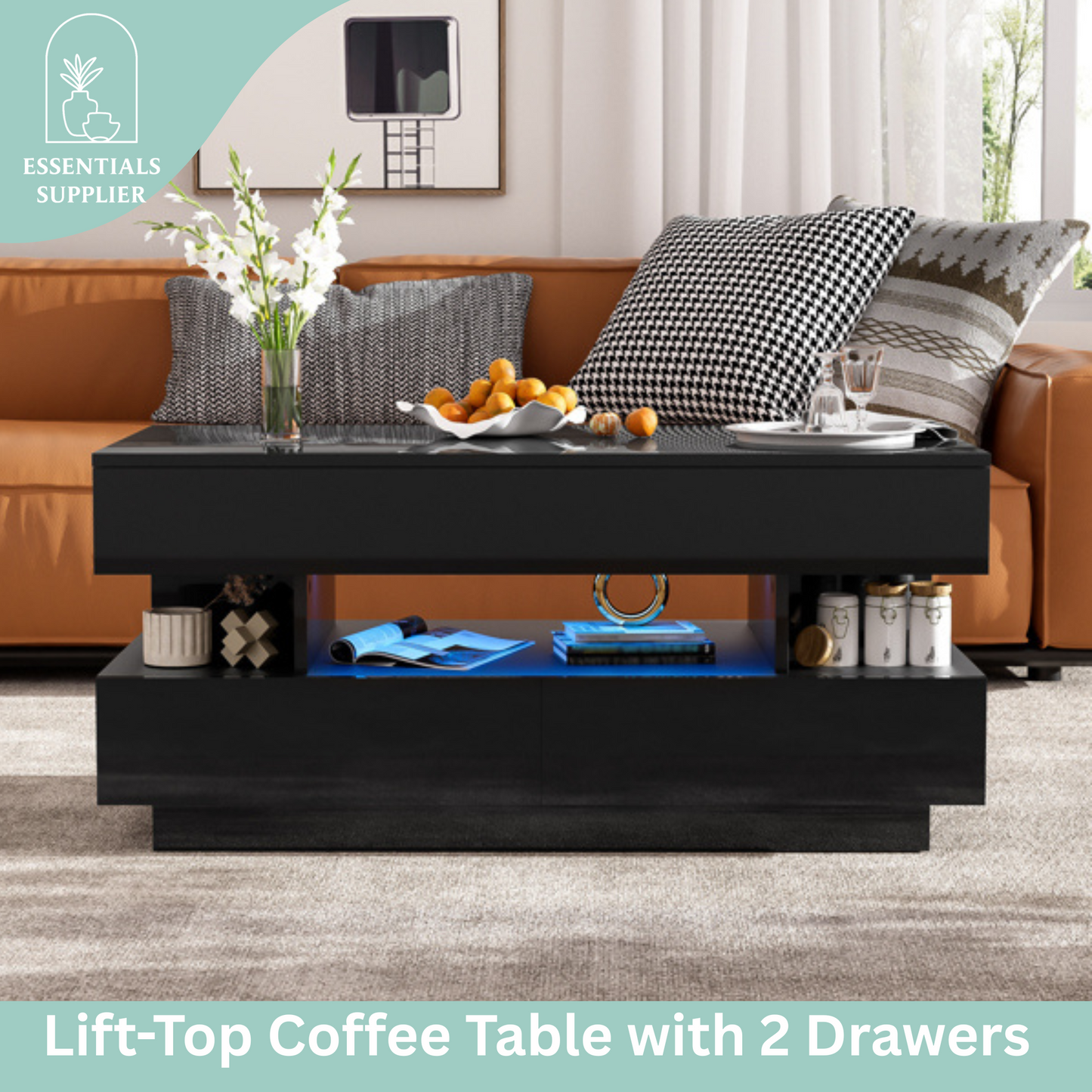 Black High-Gloss Coffee Table with Drawers, Extendable Top & 16-Color LED Lights