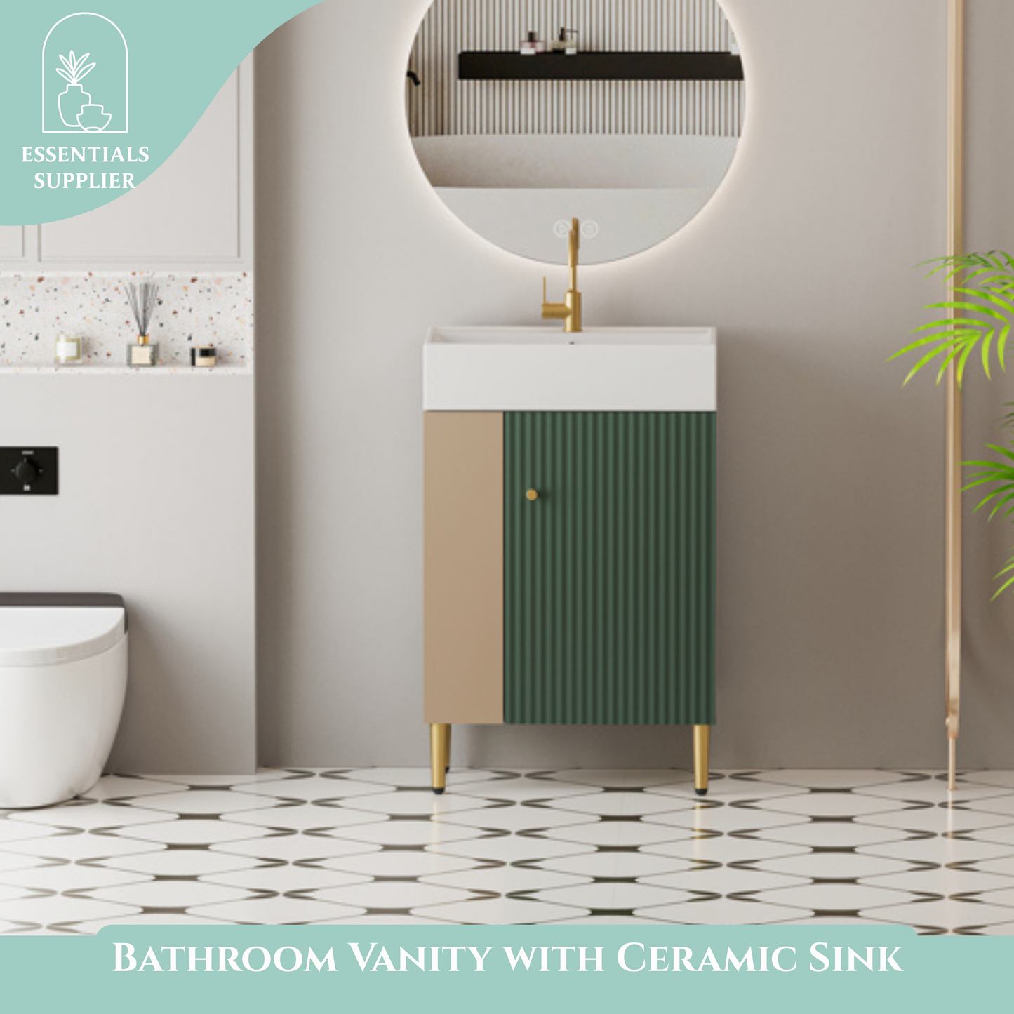 21.6" Bathroom Vanity with Sink, Open Shelf & Soft-Close Door, Green