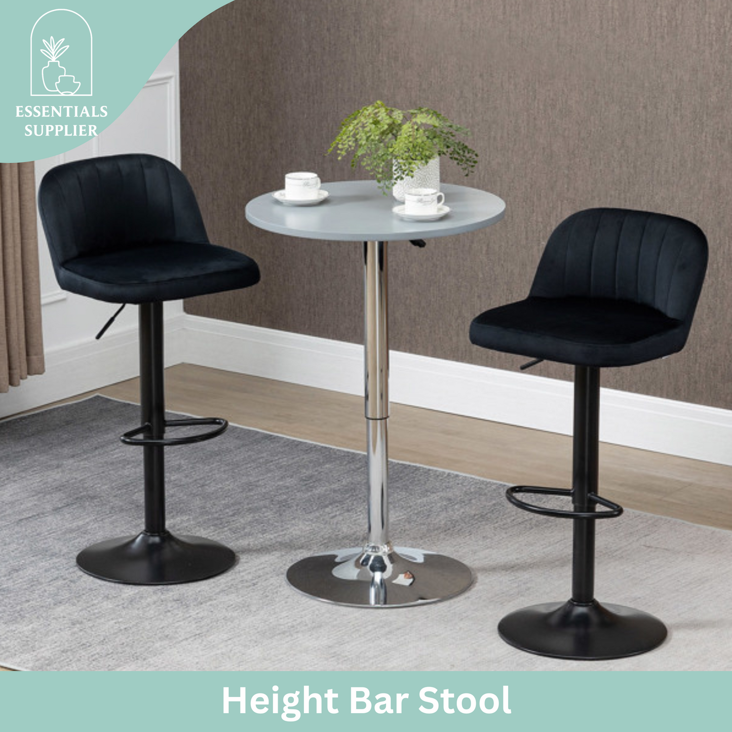 Set of 2 Black Velvet Adjustable Swivel Bar Stools with Footrest – Modern Counter Chairs