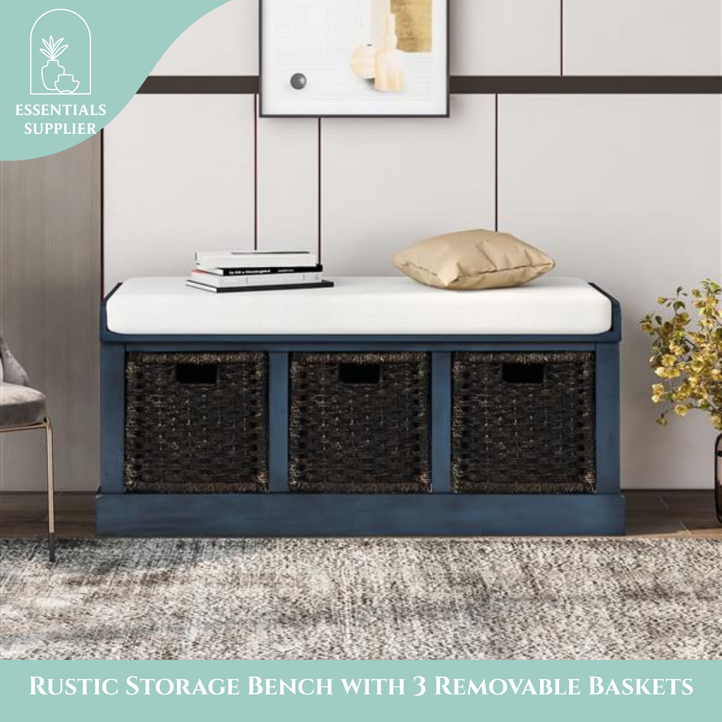 Rustic Entryway Storage Bench with 3 Rattan Baskets & Cushion, Antique Navy