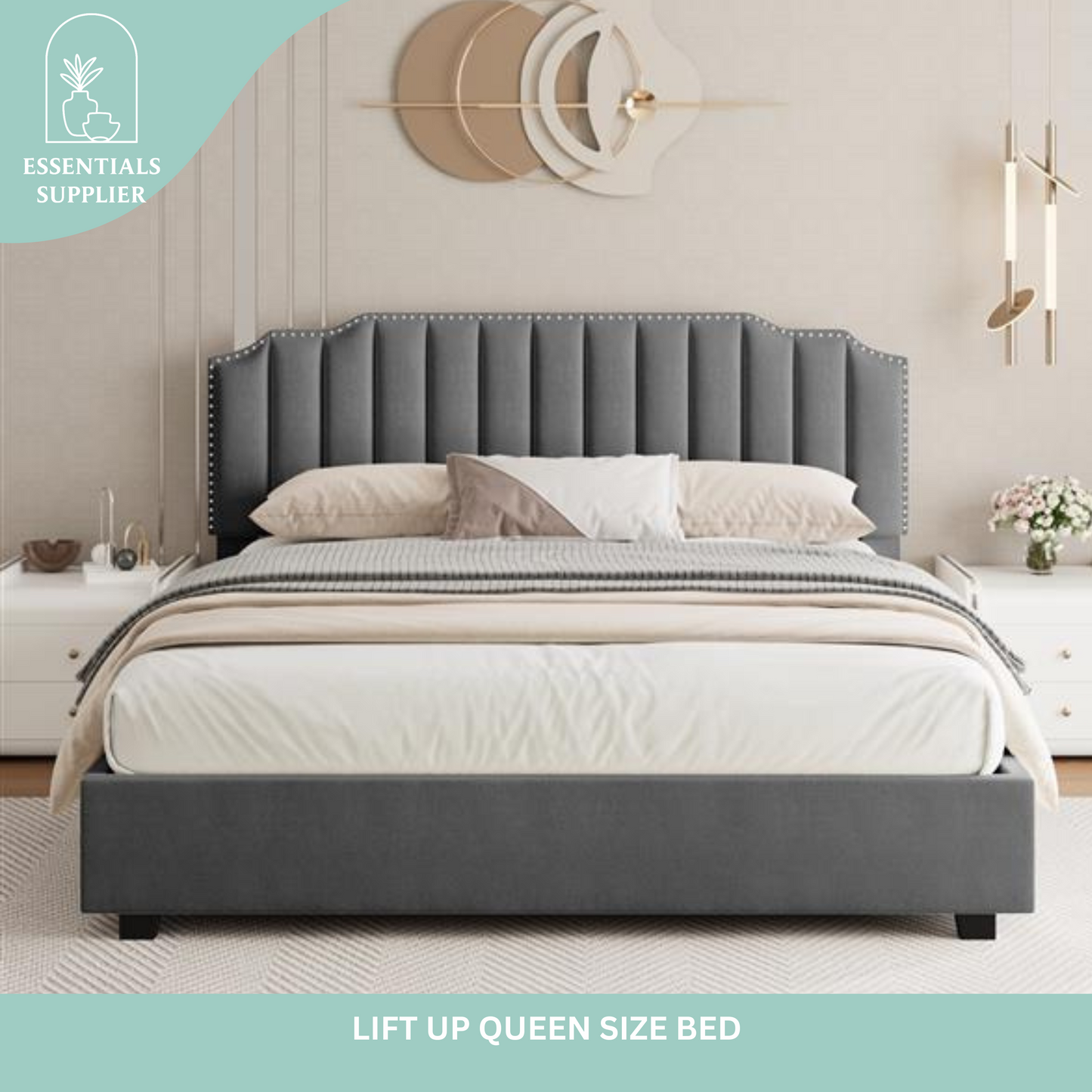 Lift-Up Storage Queen Bed – Velvet Upholstered Platform Bed Frame, Grey