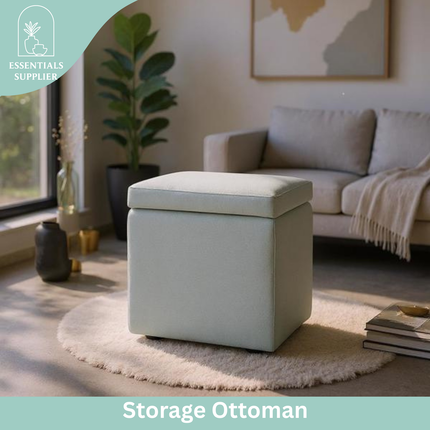 Gray Linen Storage Ottoman with Hidden Compartment – 16.5” Cube Seat