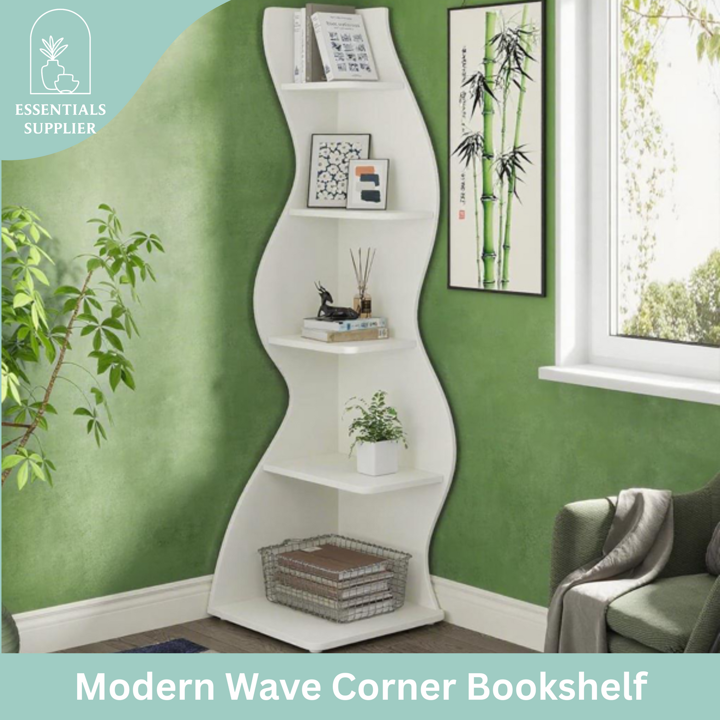 Bookcase Wavy 5-Tier White Corner Bookshelf – Modern Sculpted Storage Rack