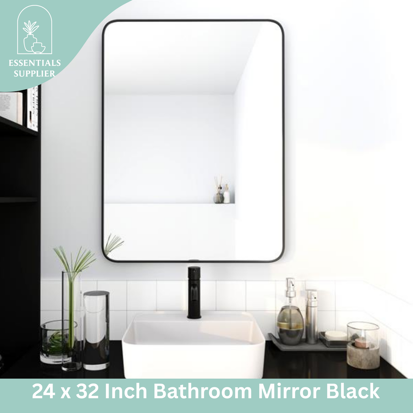 24"x32" Black Bathroom Mirror – HD Glass with Aluminum Frame, Wall Mounted