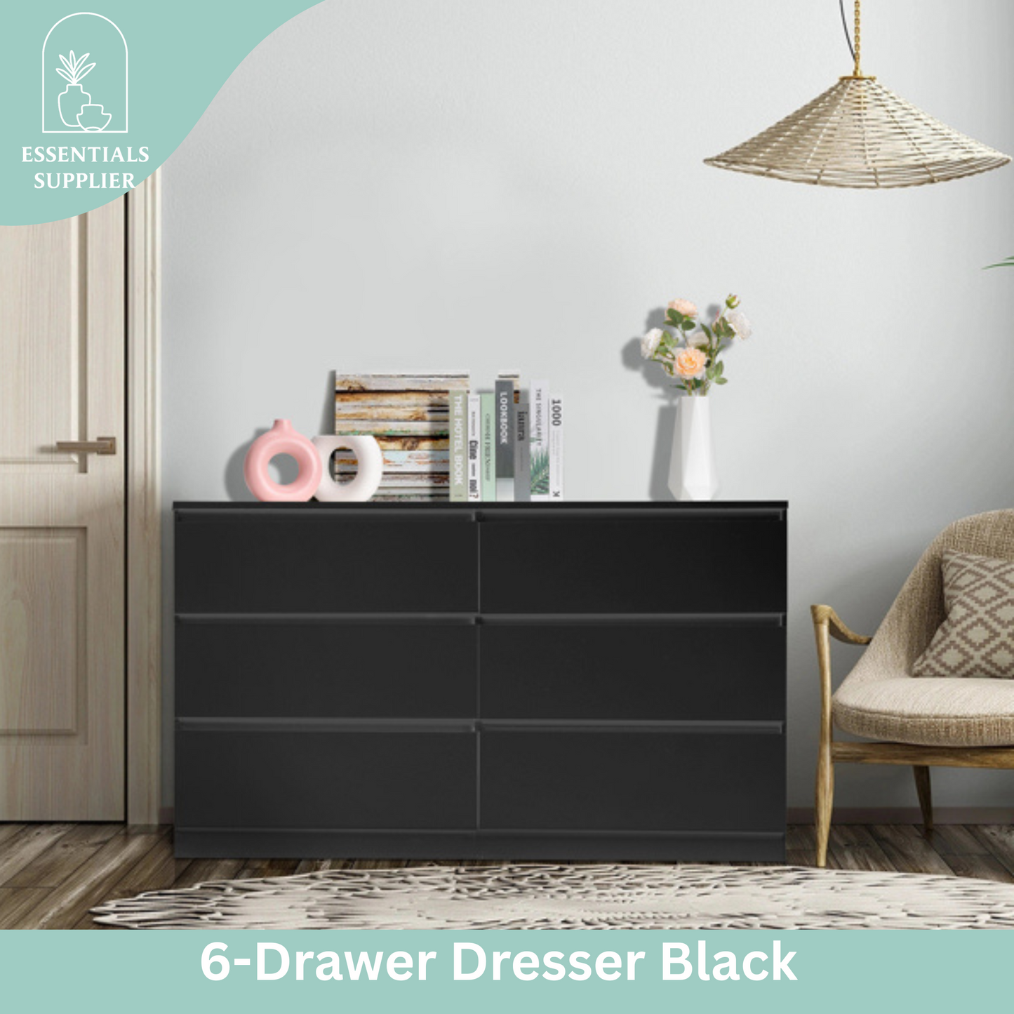 Black 6-Drawer Double Dresser – Wide Modern Storage Cabinet for Bedroom or Entryway