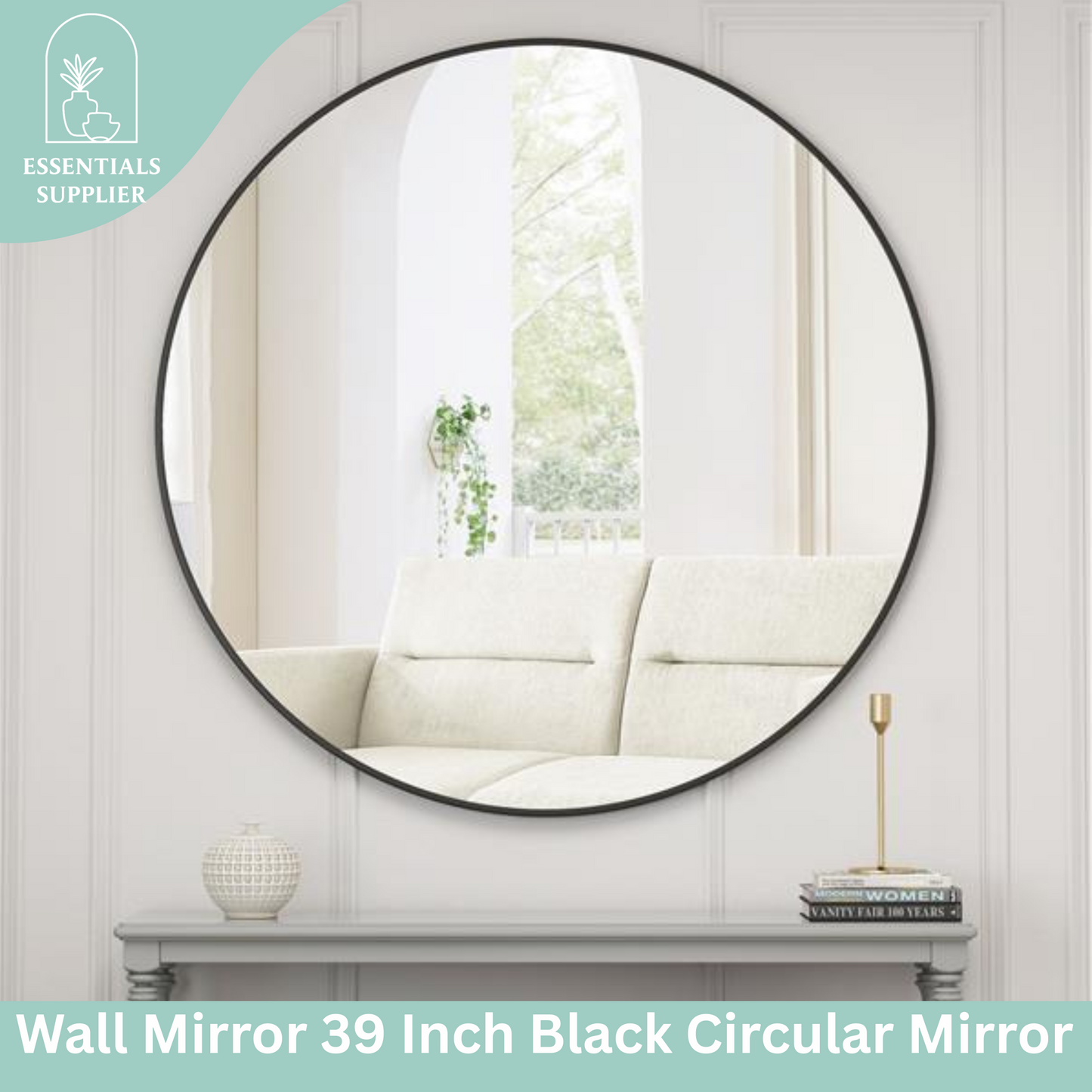 39" Black Round Wall Mirror – Modern Metal Frame for Bathroom or Bedroom
