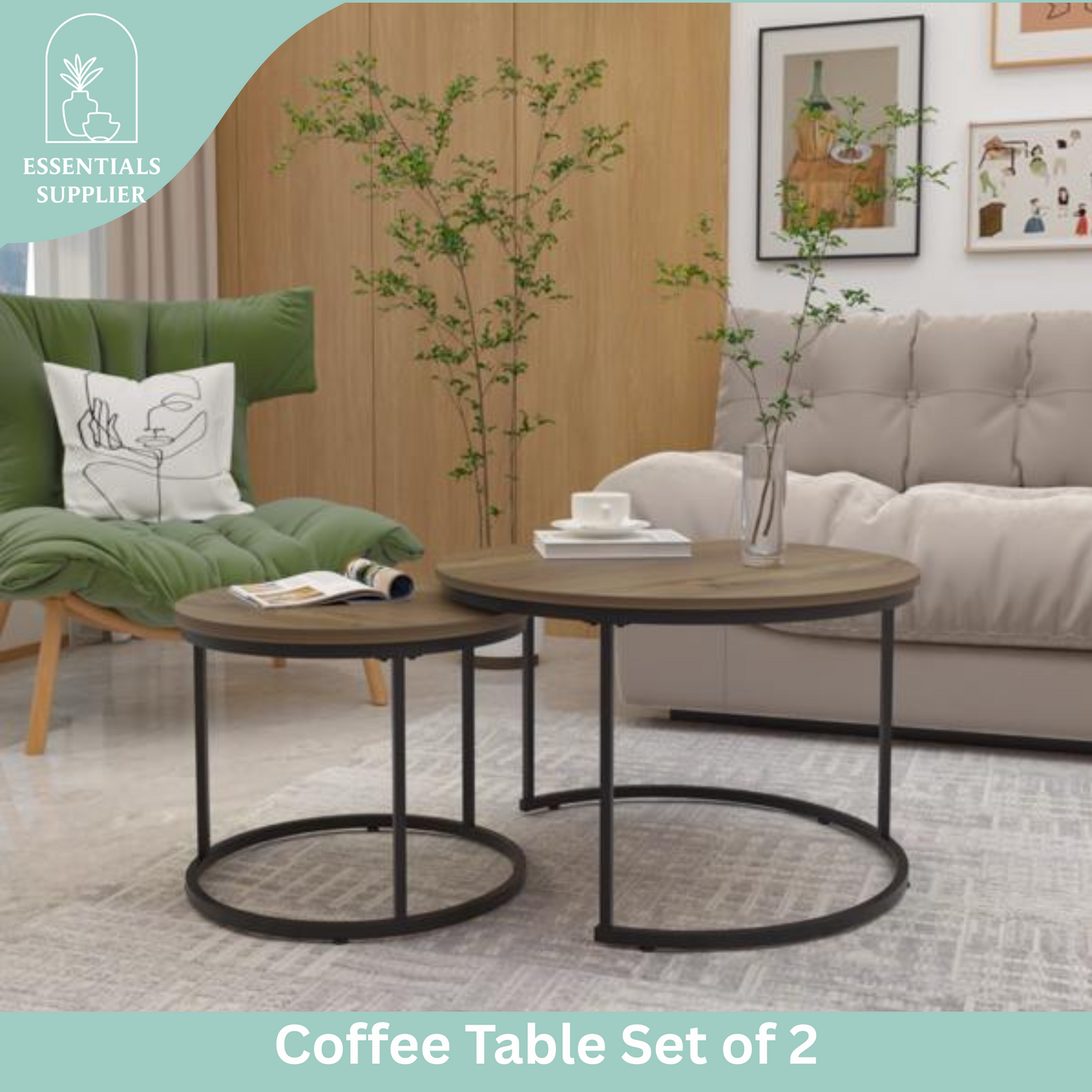 Round Nesting Coffee Table Set of 2 with Marble Top & Metal Frame – Modern Living Room