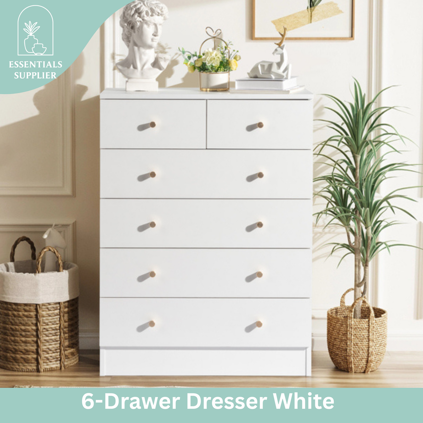 Modern White 6-Drawer Dresser – Minimalist Storage Cabinet for Bedroom or Living Room