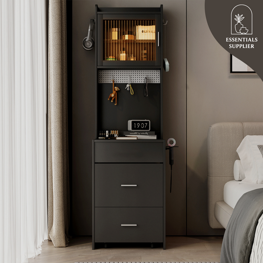 Compact Vanity Desk with Mirror, LED Lights, Charging Station & Stool, Black