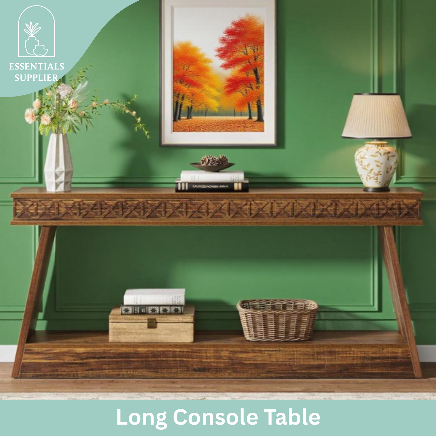 Dark Brown 2-Tier Long Console Table – Rustic Farmhouse Entryway & Sofa Display