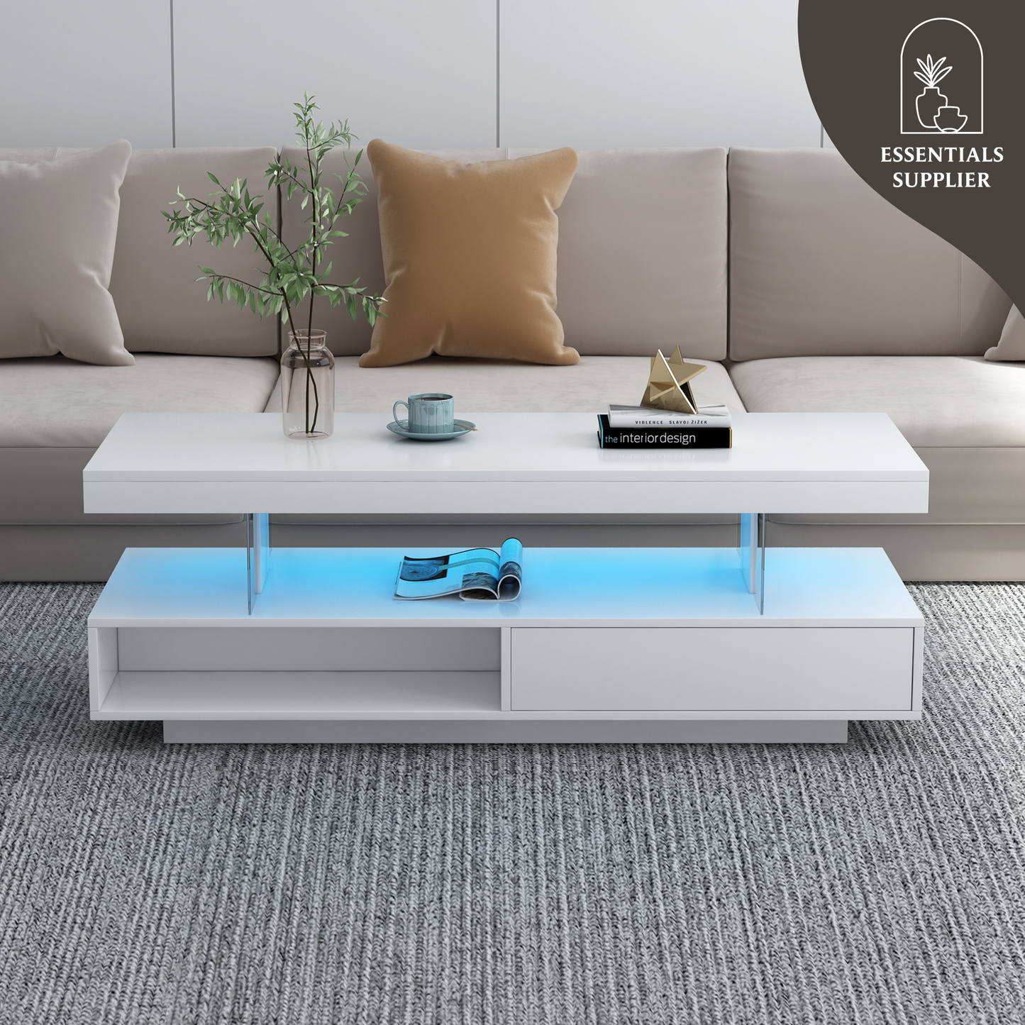 Modern LED Coffee Table with Storage, Drawers & Shelves for Living Room