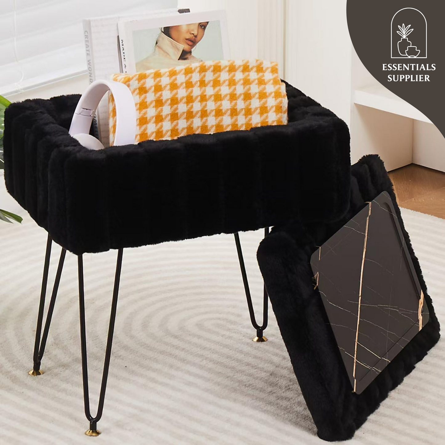 Faux Fur Ottoman with Storage – Vanity Stool & Footrest for Bedroom, Black