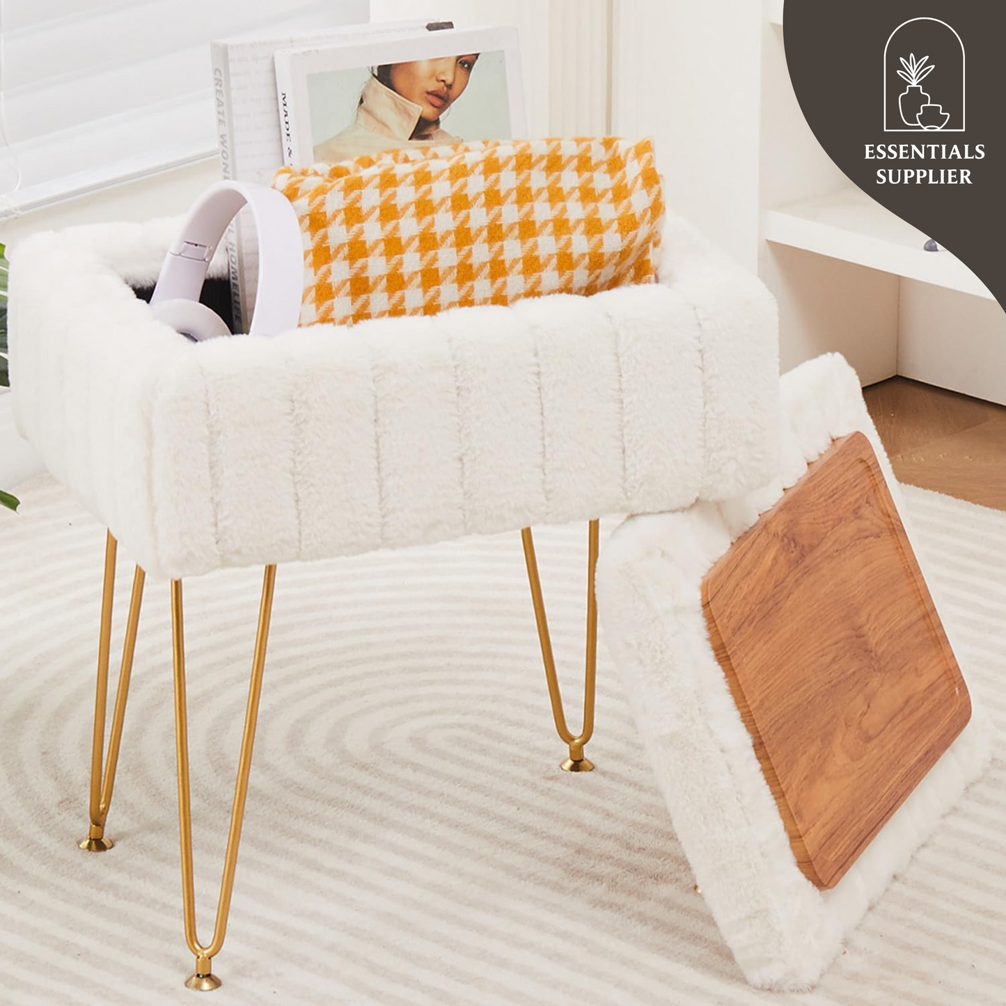 Faux Fur Ottoman with Storage – Vanity Stool & Footrest for Bedroom, Cream