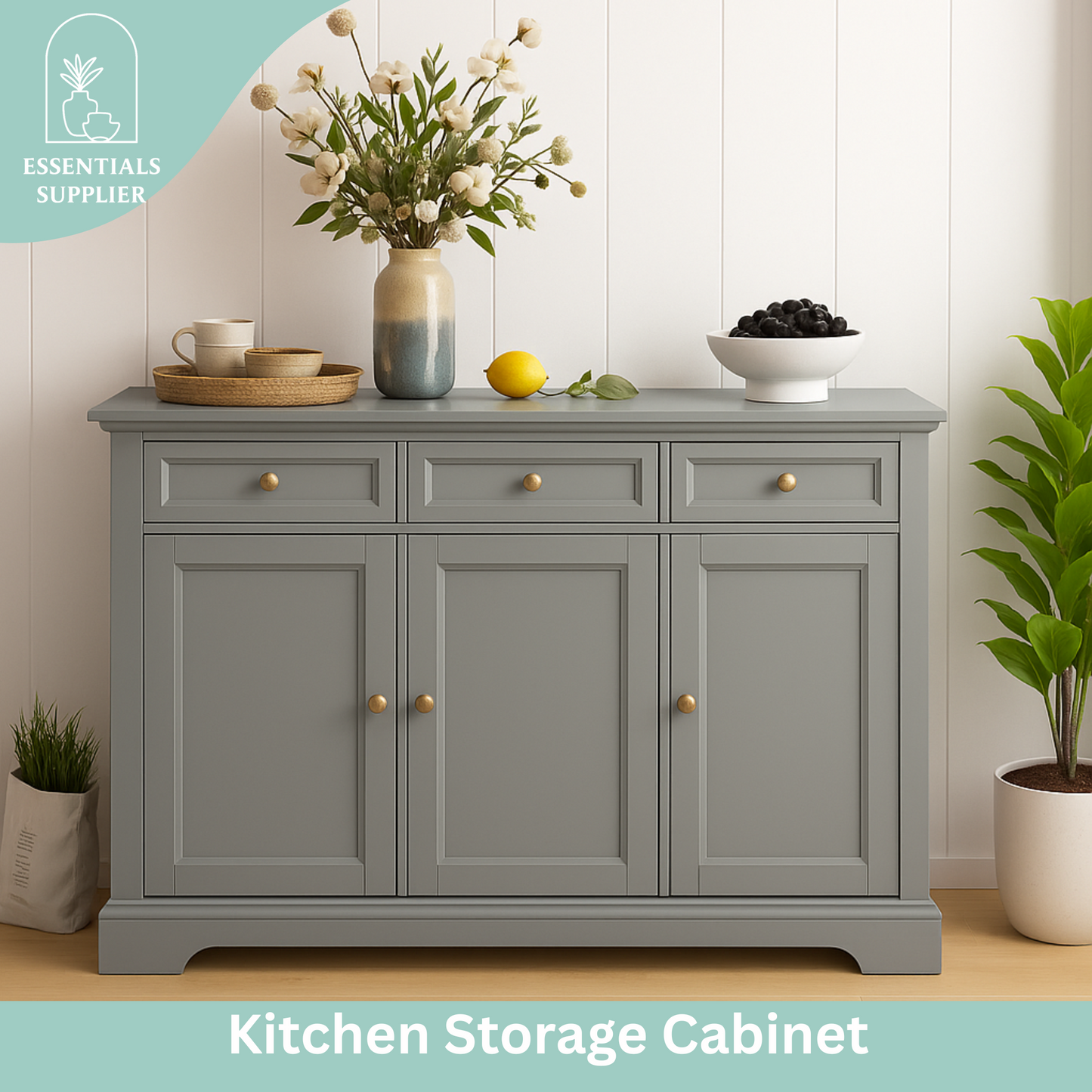 Gray Kitchen Storage Cabinet – 3 Doors, 2 Drawers, Adjustable Shelves