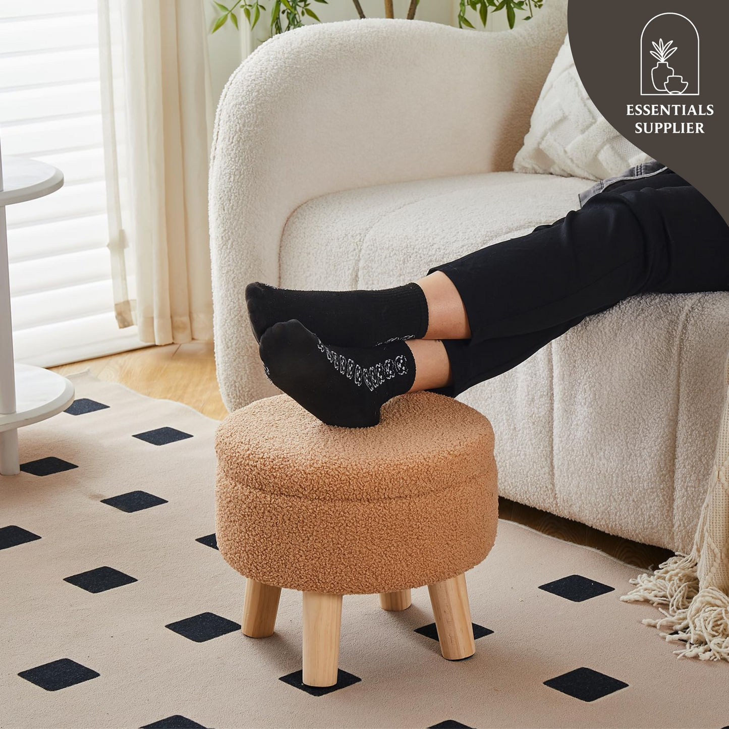 Round Storage Ottoman, Teddy Velvet Footrest with Wood Legs for Living Room, Brown